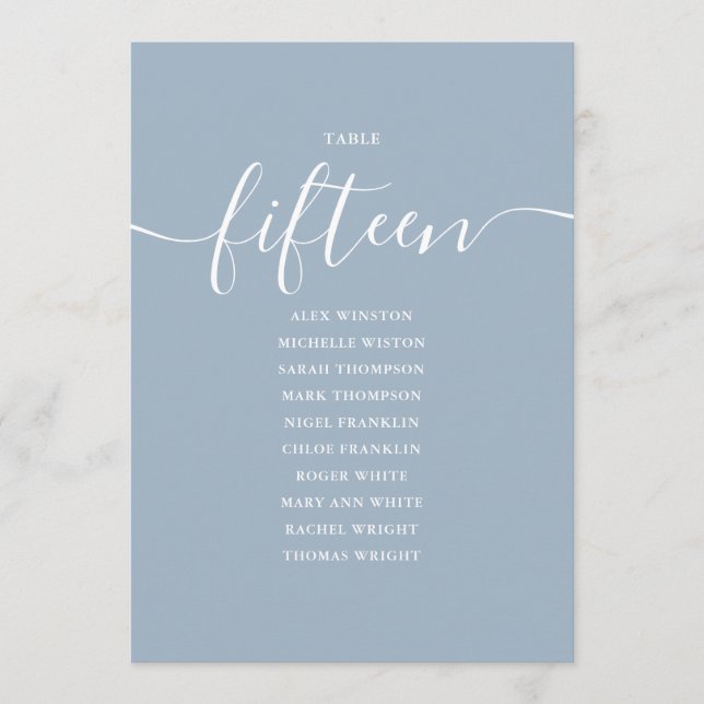 Dusty Blue Script Table Number 15 Seating Chart (Front)