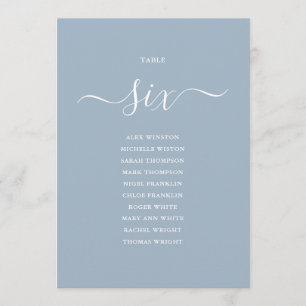 Dusty Blue Script Table Number 6 Seating Chart