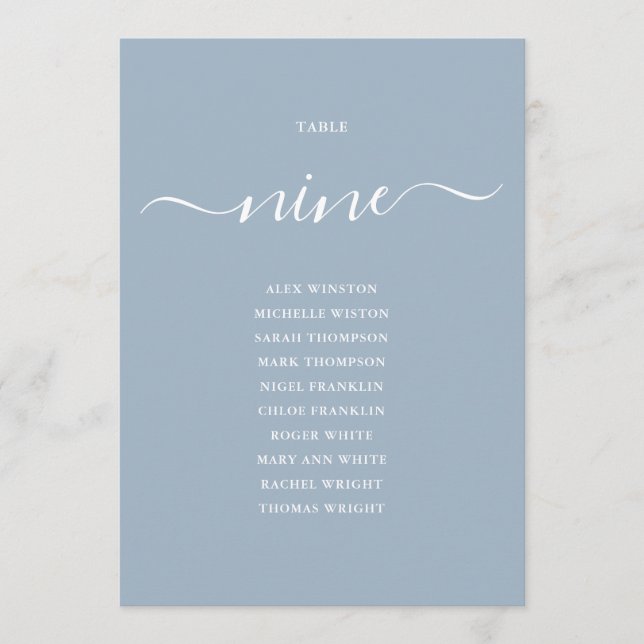 Dusty Blue Script Table Number 9 Seating Chart (Front)