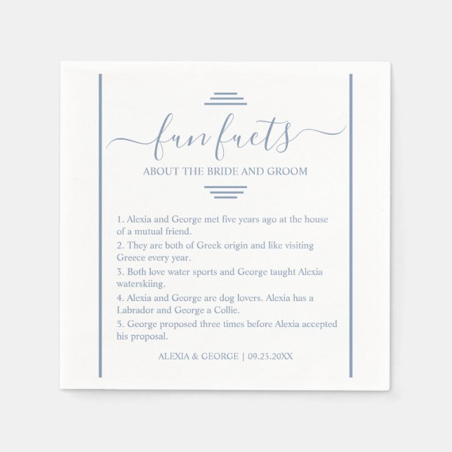 Dusty blue script typography Fun Facts wedding   N Napkin (Front)