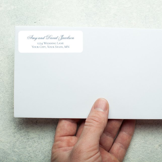 Dusty Blue Script Wedding Address Label (Dusty blue script return address label on white envelope with pencil, minimalist wedding style)