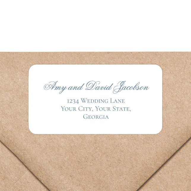 Dusty Blue Script Wedding Return Address Label (Dusty blue script return address label on kraft envelope, elegant wedding stationery style)
