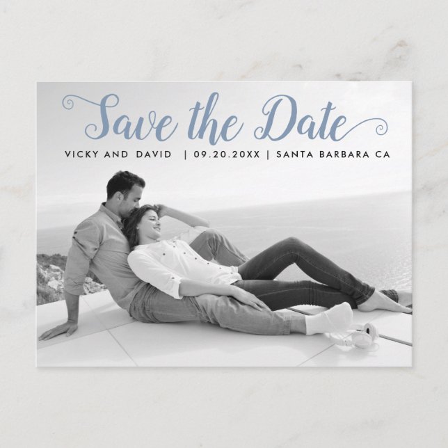 Dusty blue script wedding Save the Date photo Postcard (Front)