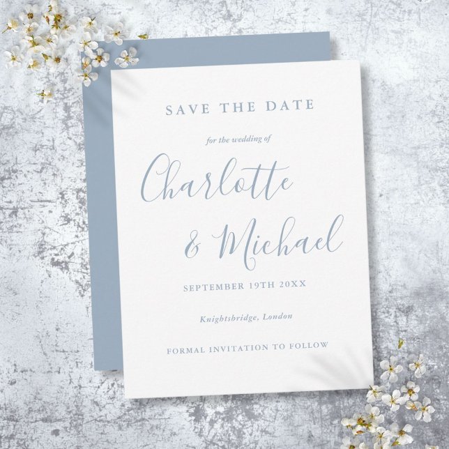 Dusty Blue Script Wedding Save the Date Postcard (Dusty Blue Script Wedding Save the Date Postcard)
