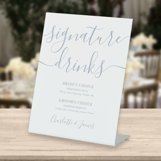 Dusty Blue Script Wedding Signature Drinks Pedesta Pedestal Sign (Creator Uploaded)