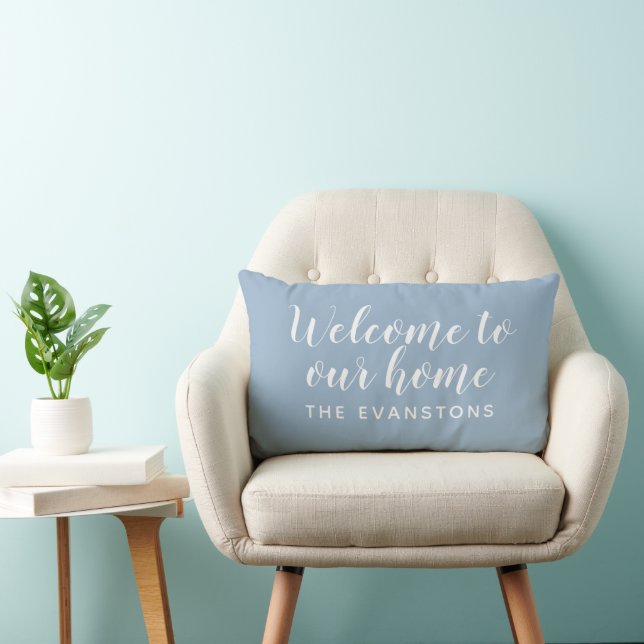 Dusty Blue Script Welcome to Our Home Lumbar Pillow (Chair)