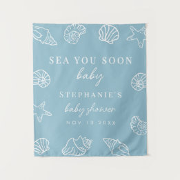 Dusty Blue Sea You Soon Beach Baby Shower Backdrop Tapestry
