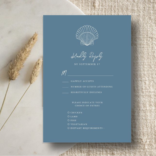 Dusty Blue Seashell Beach Destination Wedding RSVP Card (Creator Uploaded)