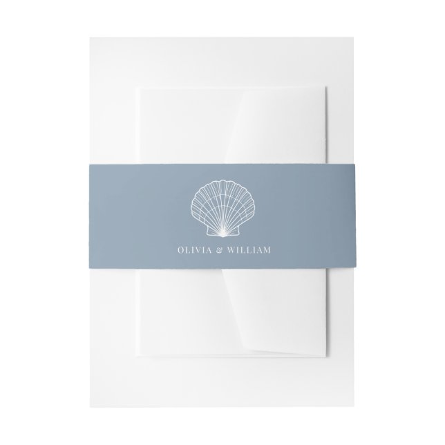 Dusty Blue Seashell Beach Minimal Wedding  Invitation Belly Band (Front Example)