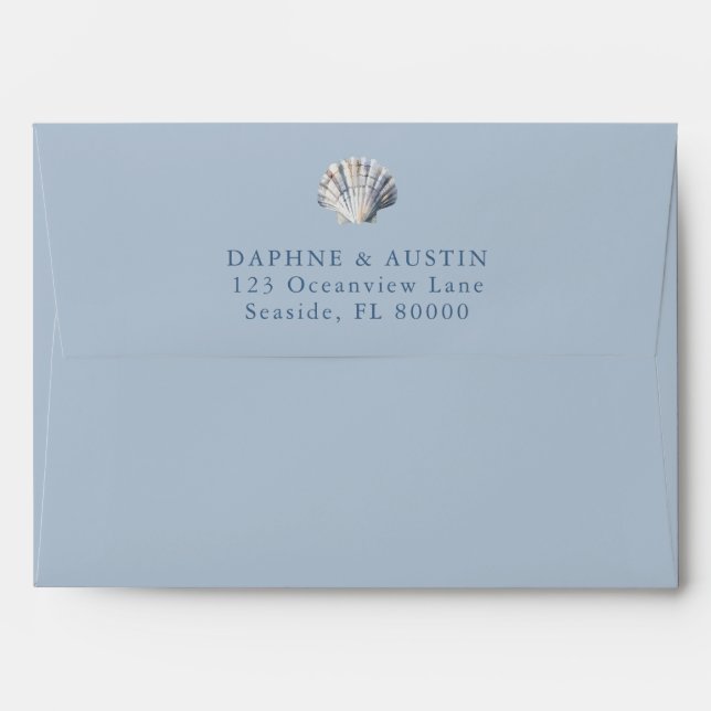 Dusty Blue Seashell Beach Wedding Envelope (Back (Top Flap))