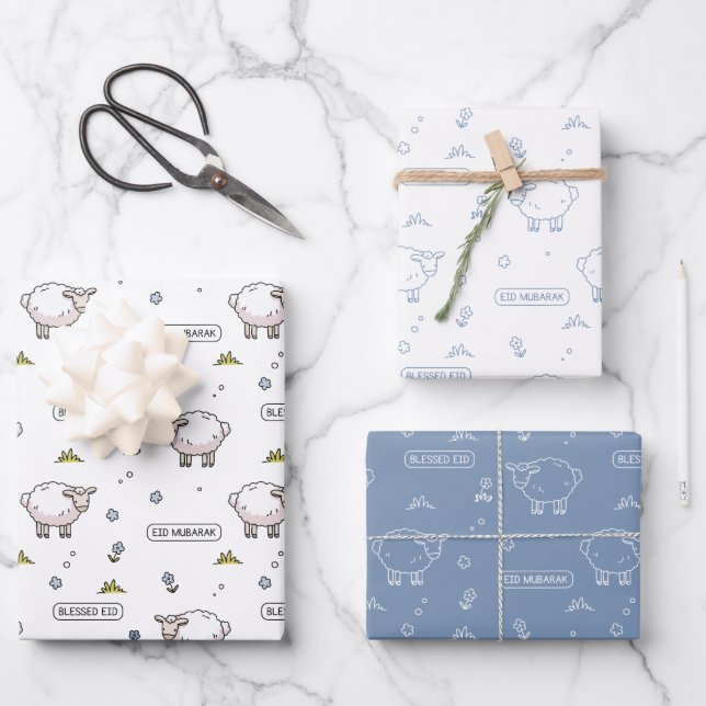 Dusty Blue Sheep Eid Mubarak Kids Wrapping Paper Sheet (Front)