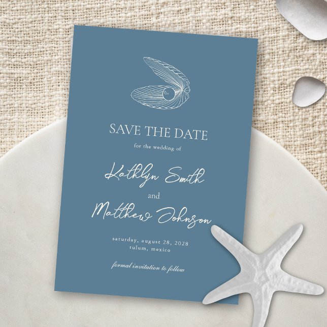 Dusty Blue Shell Beach Ocean Destination Wedding Save The Date (Creator Uploaded)
