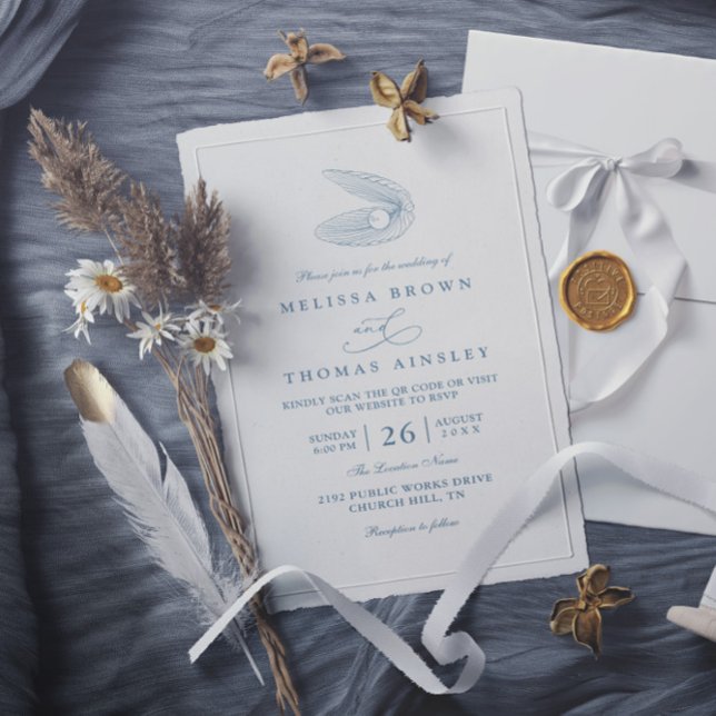 Dusty Blue Shell Beach Ocean QR Code Wedding Invitation (Creator Uploaded)