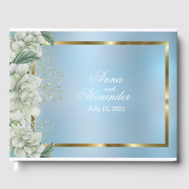 Dusty Blue Shimmering Floral Wedding Guest Book (Front)