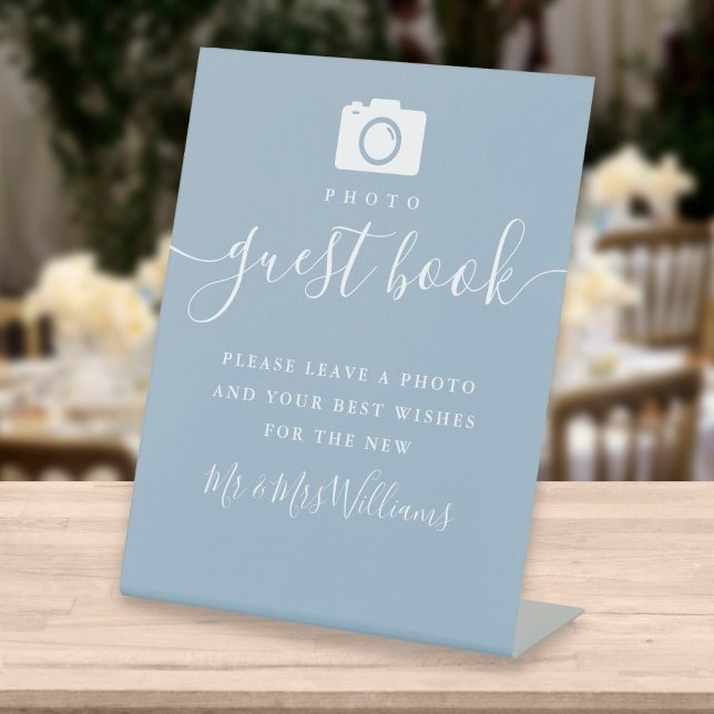 Dusty Blue Signature Script Photo Guest Book Pedestal Sign (Creator Uploaded)