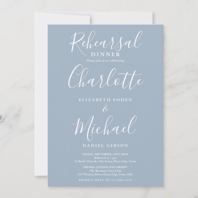 Dusty Blue Signature Script Rehearsal Dinner Invitation (Front)
