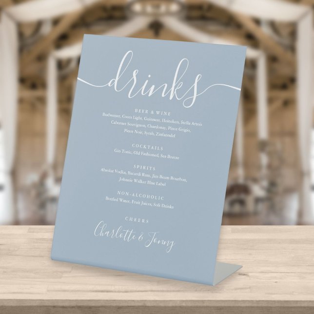 Dusty Blue Signature Script Wedding Drinks Menu  Pedestal Sign (Creator Uploaded)
