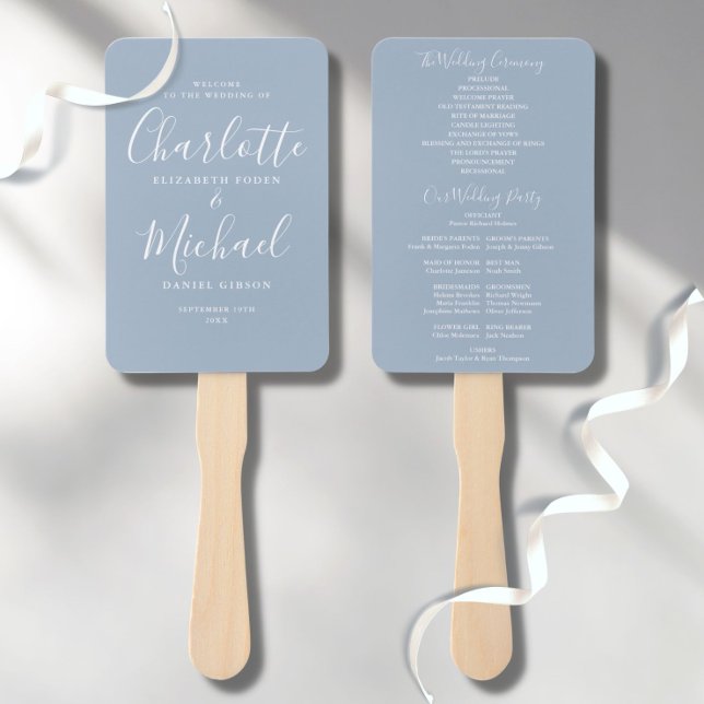 Dusty Blue Signature Script Wedding Program Hand Fan (Creator Uploaded)