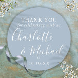 Dusty Blue Signature Wedding Favour Thank You Classic Round Sticker<br><div class="desc">Dusty blue signature wedding favour thank you classic round sticker featuring signature style names. Personalize with your special thank you information in chic white typography. Designed by Thisisnotme©</div>