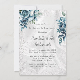 Dusty Blue Silver Bouquet Bridesmaids Luncheon Invitation