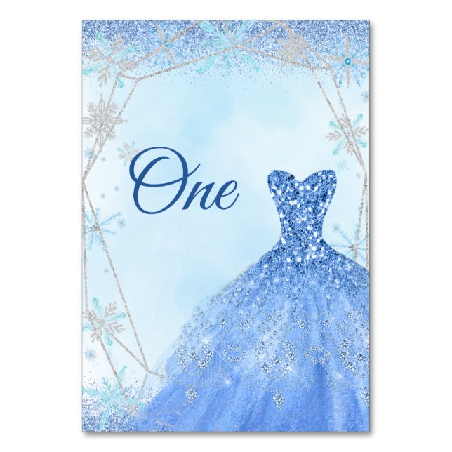 Dusty Blue Silver Christmas Geometric Quinceañera Table Number (Front)