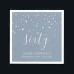 Dusty Blue Silver Confetti 60th Birthday Party Napkin<br><div class="desc">Help them celebrate their 60th birthday in style with this simple but elegant design, featuring faux silver triangular confetti sifting down on the word "sixty" in light grey handwriting font on a dusty blue background. Personalize it with the name of the honoree in light grey sans serif font, along with...</div>
