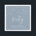 Dusty Blue Silver Confetti 60th Birthday Party Napkin<br><div class="desc">Help them celebrate their 60th birthday in style with this simple but elegant design, featuring faux silver triangular confetti sifting down on the word "sixty" in light grey handwriting font on a dusty blue background. Personalize it with the name of the honoree in light grey sans serif font, along with...</div>