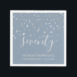 Dusty Blue Silver Confetti 70th Birthday Party Napkin<br><div class="desc">Help them celebrate their 70th birthday in style with this simple but elegant design, featuring faux silver triangular confetti sifting down on the word "seventy" in light grey handwriting font on a black background. Personalize it with the name of the honoree in light grey sans serif font, along with the...</div>