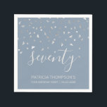 Dusty Blue Silver Confetti 70th Birthday Party Napkin<br><div class="desc">Help them celebrate their 70th birthday in style with this simple but elegant design, featuring faux silver triangular confetti sifting down on the word "seventy" in light grey handwriting font on a black background. Personalize it with the name of the honoree in light grey sans serif font, along with the...</div>