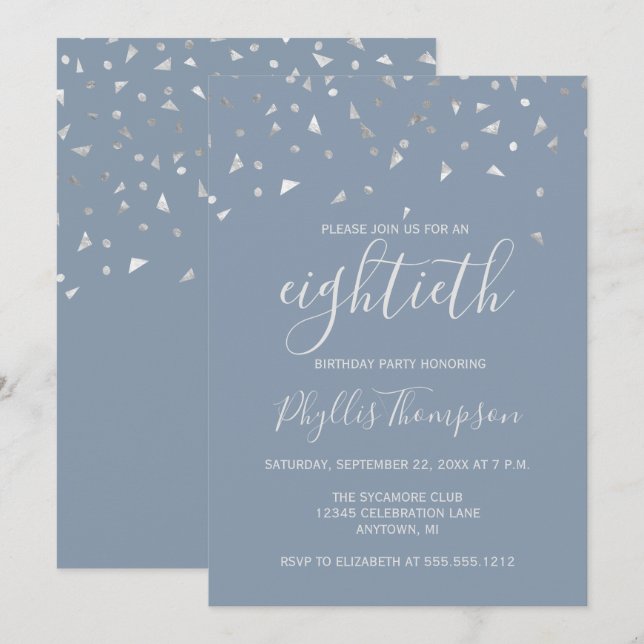Dusty Blue Silver Confetti 80th Birthday Party Invitation (Front/Back)