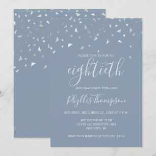 Dusty Blue Silver Confetti 80th Birthday Party Invitation