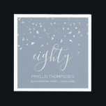 Dusty Blue Silver Confetti 80th Birthday Party Napkin<br><div class="desc">Help them celebrate their 80th birthday in style with this simple but elegant design, featuring faux silver triangular confetti sifting down on the word "eighty" in light grey handwriting font on a dusty blue background. Personalize it with the name of the honoree in light grey sans serif font, along with...</div>