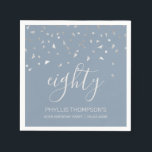 Dusty Blue Silver Confetti 80th Birthday Party Napkin<br><div class="desc">Help them celebrate their 80th birthday in style with this simple but elegant design, featuring faux silver triangular confetti sifting down on the word "eighty" in light grey handwriting font on a dusty blue background. Personalize it with the name of the honoree in light grey sans serif font, along with...</div>