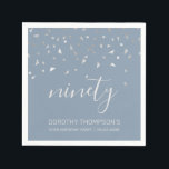Dusty Blue Silver Confetti 90th Birthday Party Napkin<br><div class="desc">Help them celebrate their 90th birthday in style with this simple but elegant design, featuring faux silver triangular confetti sifting down on the word "ninety" in light grey handwriting font on a dusty blue background. Personalize it with the name of the honoree in light grey sans serif font, along with...</div>