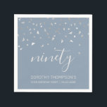 Dusty Blue Silver Confetti 90th Birthday Party Napkin<br><div class="desc">Help them celebrate their 90th birthday in style with this simple but elegant design, featuring faux silver triangular confetti sifting down on the word "ninety" in light grey handwriting font on a dusty blue background. Personalize it with the name of the honoree in light grey sans serif font, along with...</div>
