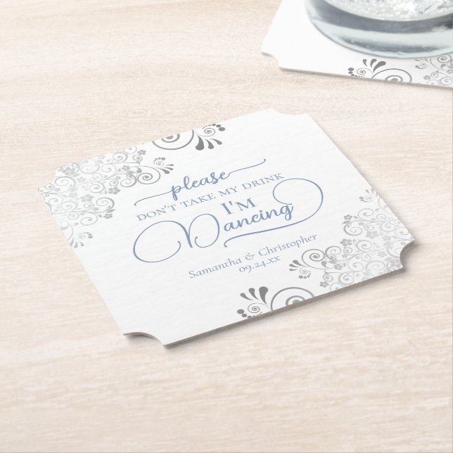 Dusty Blue & Silver Don't Take My Drink Wedding Paper Coaster (Angled)