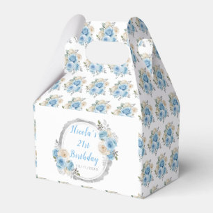 Dusty Blue Silver Elegant Flowers Birthday Party Favor Box