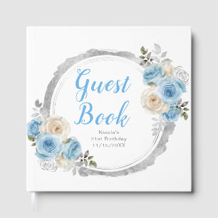 Dusty Blue Silver Elegant Flowers Birthday Party Guest Book