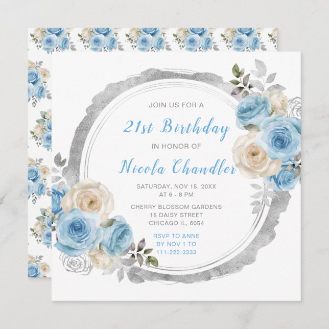 Dusty Blue Silver Elegant Flowers Birthday Party Invitation (Front/Back)