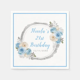 Dusty Blue Silver Elegant Flowers Birthday Party Napkin