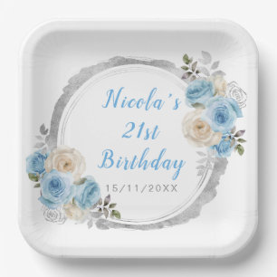 Dusty Blue Silver Elegant Flowers Birthday Party Paper Plate