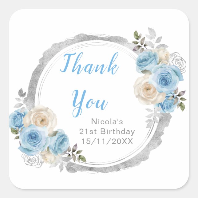 Dusty Blue Silver Elegant Flowers Birthday Party Square Sticker (Front)