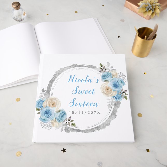 Dusty Blue Silver Elegant Flowers Sweet Sixteen Guest Book (Front Open)