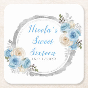 Dusty Blue Silver Elegant Flowers Sweet Sixteen Square Paper Coaster