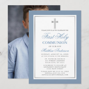 Dusty Blue Silver First Holy Communion Photo Invitation