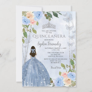 Dusty Blue Silver Floral Princess Quinceañera  Invitation