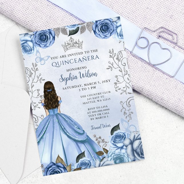 Dusty Blue Silver Floral Princess Quinceañera  Invitation (Dusty Blue Silver Floral Princess Quinceañera Invitation)