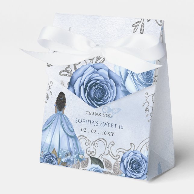 Dusty Blue Silver Floral Princess SWEET 16 Favor Box (Front Side)