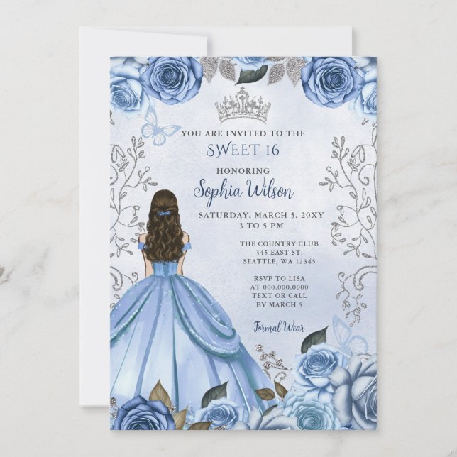 Dusty Blue Silver Floral Princess Sweet 16 Invitation (Front)