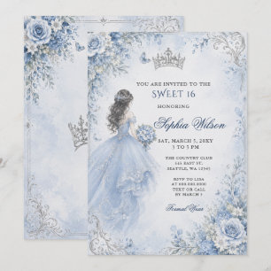 Dusty Blue Silver Floral Princess SWEET 16 Invitation